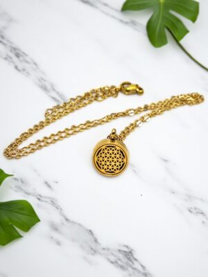 Colar aromaterapia flor da vida dourado com almofadas laváveis