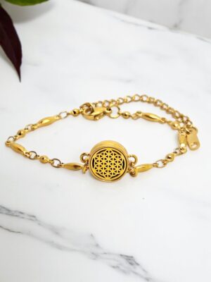 Pulseira Difusora de Aromaterapia Flor da Vida Dourada – Aço Inoxidável Elegante