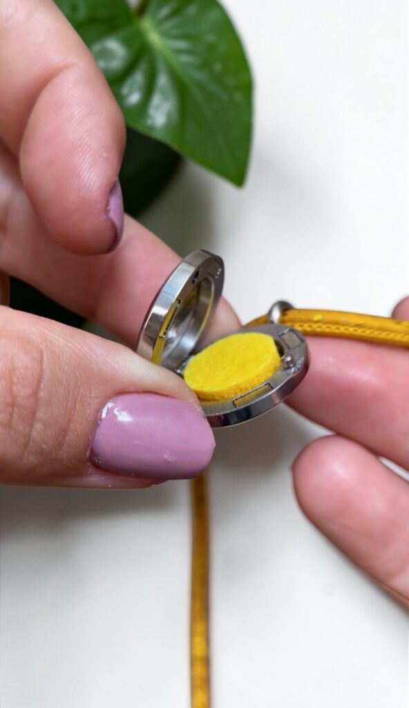 Detalhe de mãos segurando o pingente difusor da Pulseira Vahani aberto, revelando a cortiça interna para aplicação de óleos essenciais dōTERRA. Ritual de aromaterapia Swaminah